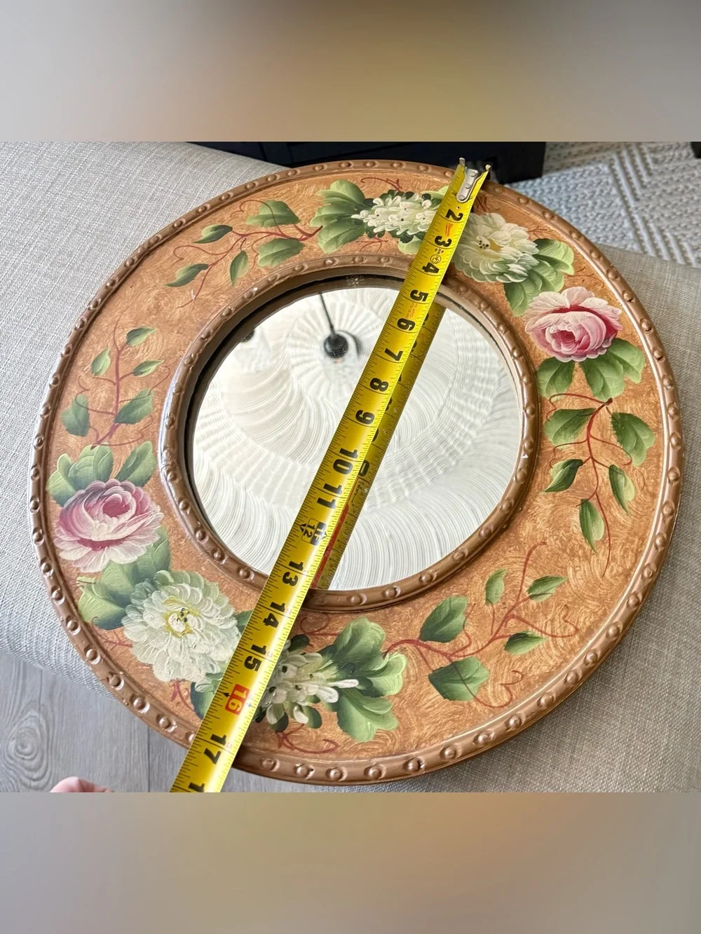 Vintage Hand-Painted Floral Round Wood Wall Mirror
